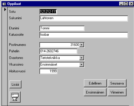 Oppilaat-lomake hieman siistittyn�