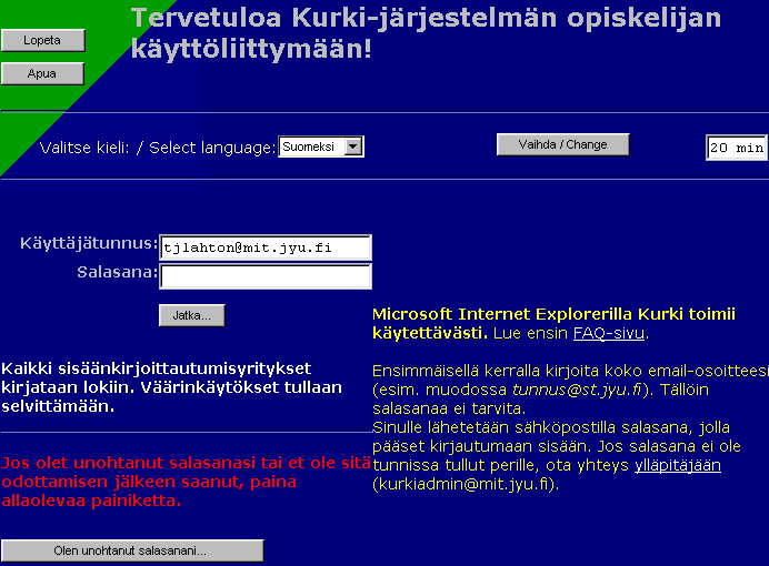 Kurki-j�rjestelm��n kirjautuminen