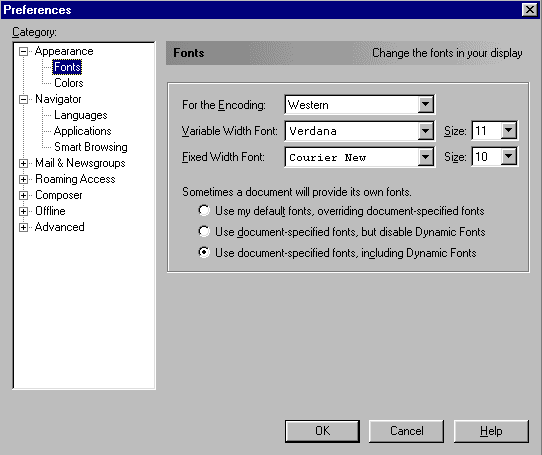 Netscapen Preferences-dialogi