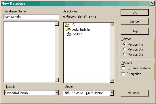 New database -dialogi