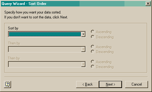 Query Wizard - Sort Order -dialogi