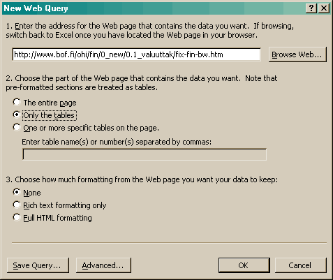New Web Query -dialogi
