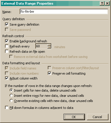 External Data Range Properties -dialogi