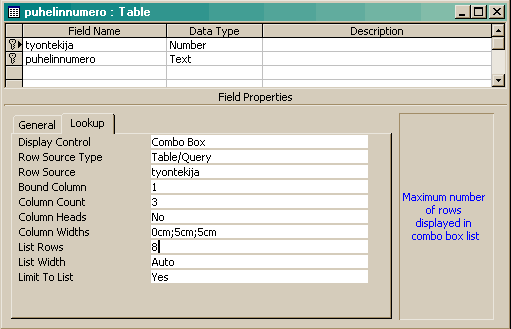 Esimerkki Accessin lookup-toiminnon m��rittelyst�