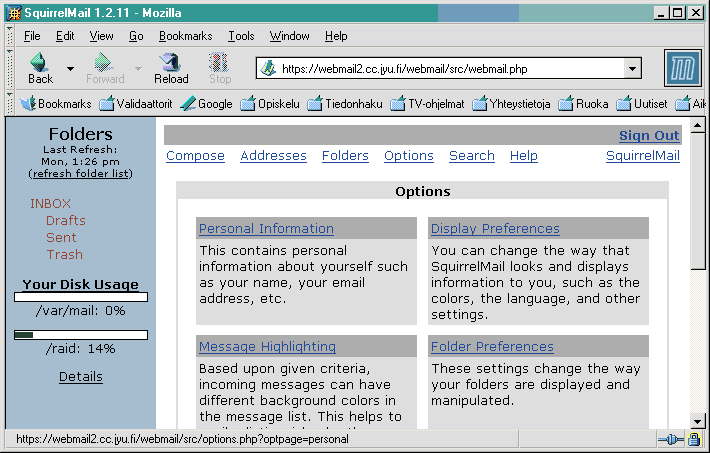 Squirrelmailin Options-sivu