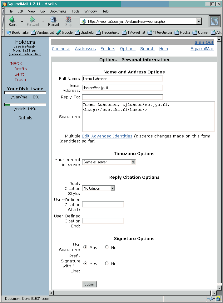 Squirrelmailin personal information sivu