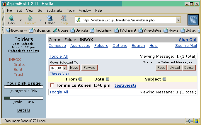Squirrelmailin INBOX sivu