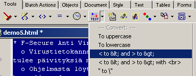 Merkkien koodaaminen HTML-kitin ty�kaluilla