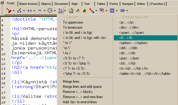 HTML-kitin tools-ty�kaluvalikon Text-kohdan listamerkint�ty�kalu