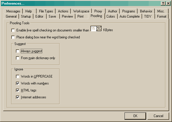 HTML-kitin asetusten proofing-v�lilehti