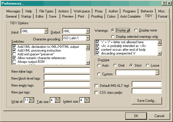 HTML-kitin asetusten tidy-v�lilehti