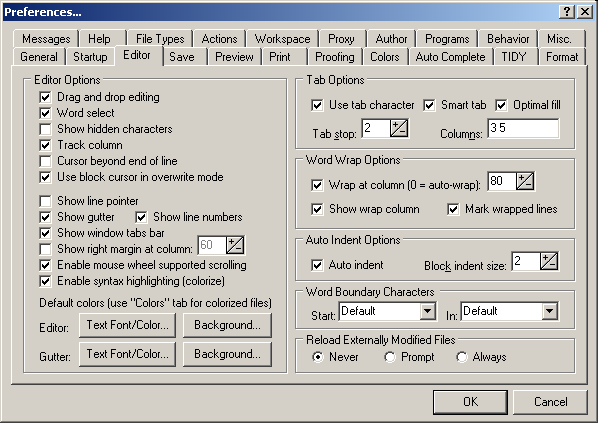 HTML-kitin asetusten Editor-v�lilehti