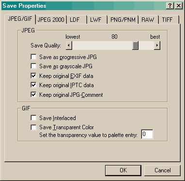 Irfanviewin tiedostoformaattien options-dialogi