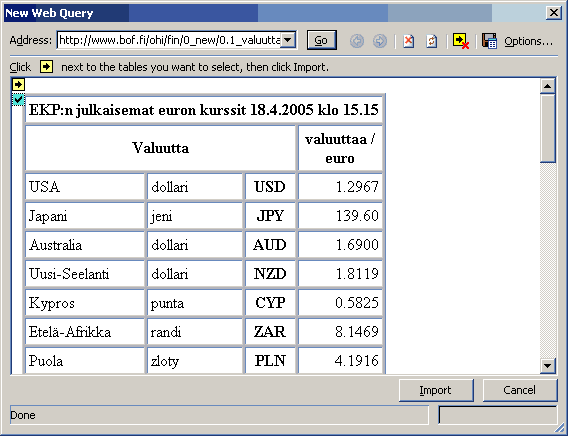 New Web Query -dialogi