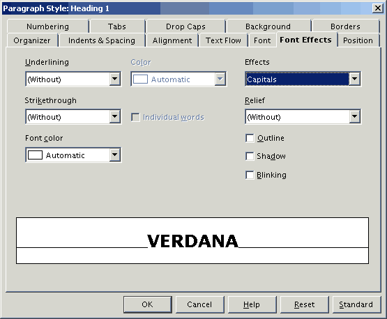 Font Effects -välilehti
