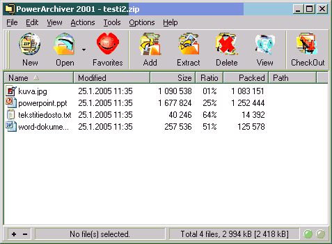 PowerArchiver listaa paketin tiedostot