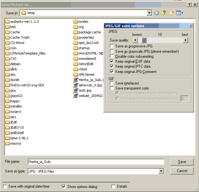 Irfanviewin Save As -dialogi