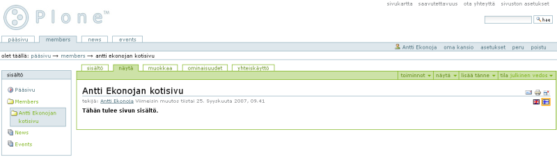 Plone-sis�ll�nhallintaj�rjestelm�n perusnavigointivaihtoehdot