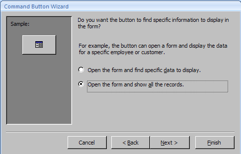 Valitse Open the form and show all the records Valitse Open the form and show all the records