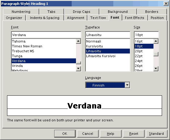 Font-välilehti