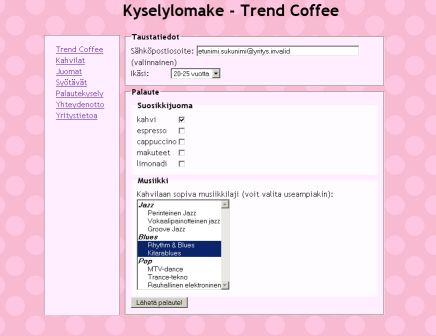 Trend Coffee -sivun sommittelu