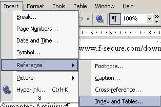 Insert|Reference|Index and Tables