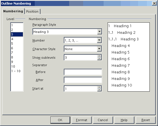 Outline Numbering -dialogi