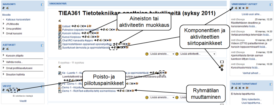 Kurssin etusivun muokkausmahdollisuudet