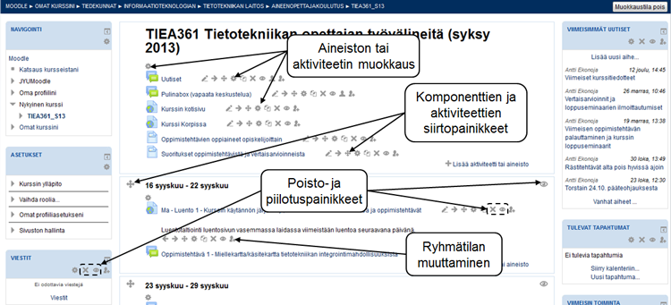 Kurssin etusivun muokkausmahdollisuudet