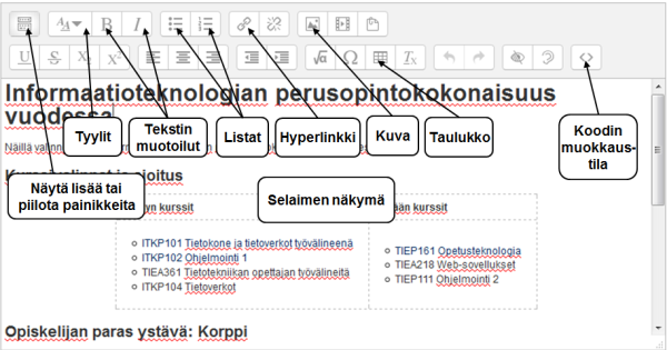 Kirjoittaminen Moodlen tekstieditorilla
