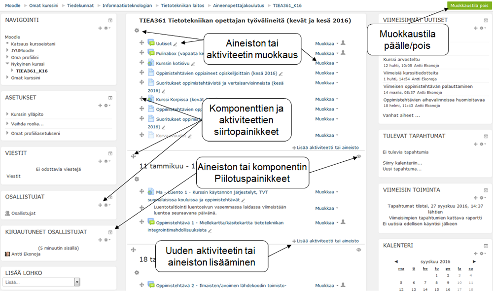 Kurssin etusivun muokkausmahdollisuudet