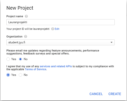 projektin luominen googlen app engine -alustalle