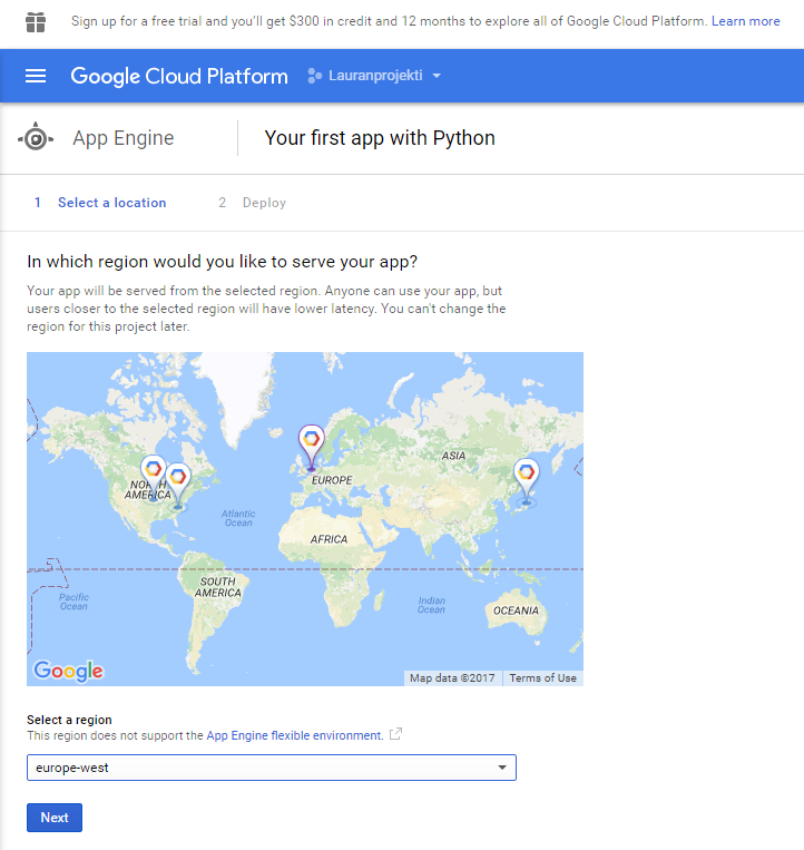 projektin maantieteellinen sijainti googlen app engine -alustalla
