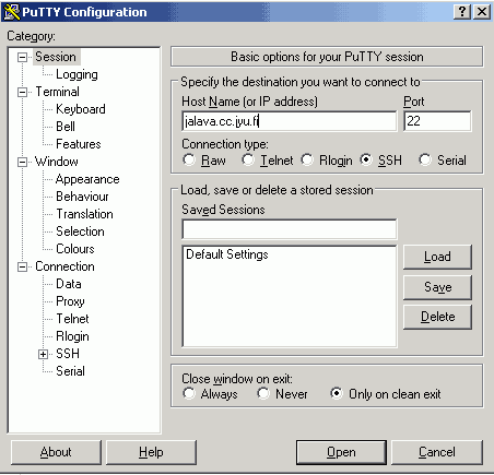Putty Configuration -dialogi