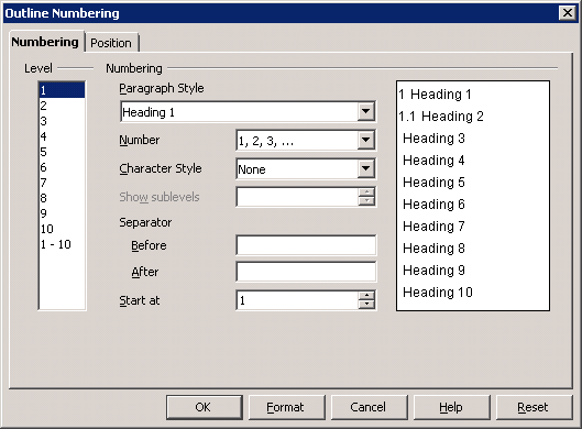Tools|Outline numbering Tools|Outline numbering
