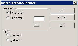 Insert|Footnote/Endnote-dialogi
