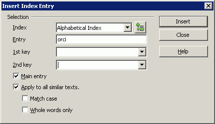 Insert Index Entry -dialogi