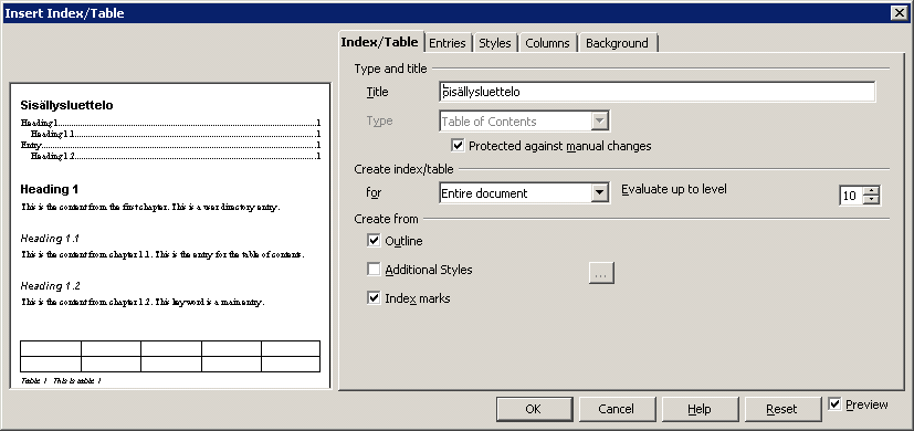 Insert Index/Table -dialogi