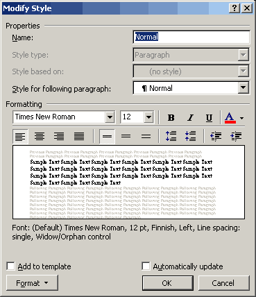 Office 2002:n Wordin Modify Style -dialogi