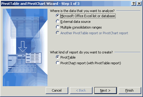Valitse Microsoft Office Excel list ja Pivottable
