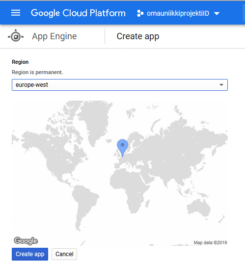projektin maantieteellinen sijainti googlen app engine -alustalla