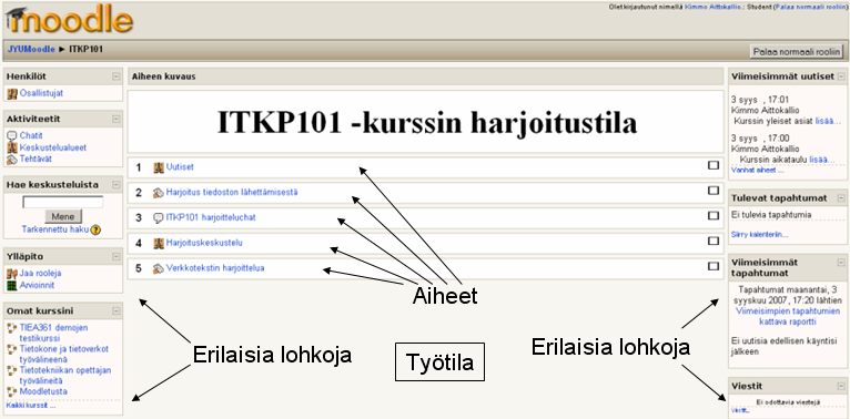 Moodle-oppimisympäristön kurssin etusivu